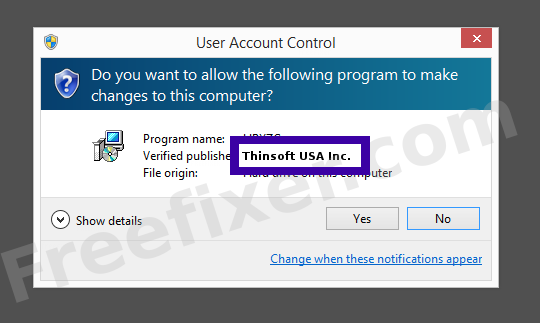 Screenshot where Thinsoft USA Inc. appears as the verified publisher in the UAC dialog
